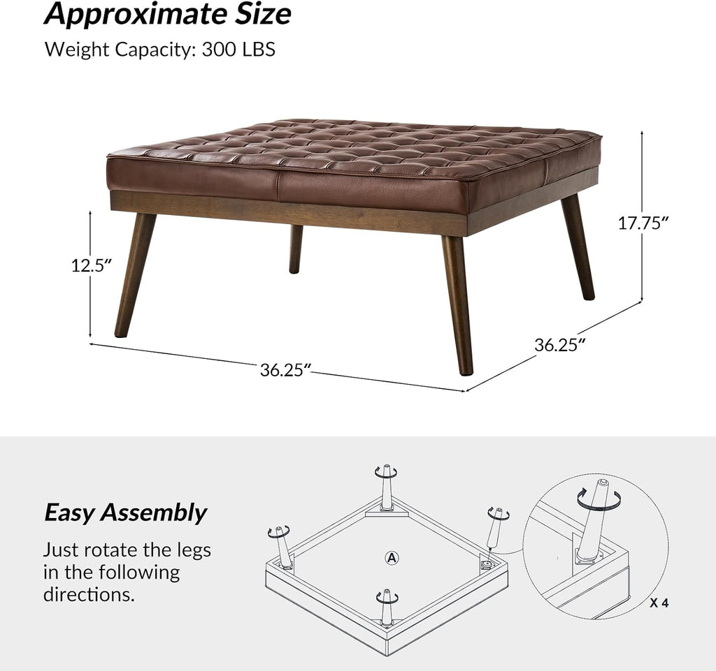 HULALA HOME Genuine Leather Square Coffee Table, Button Tufted Upholstered Ottoman Coffee Table with Solid Wooden Flared Legs, Mid-Century Modern Extra Seating for Living Room, Brown