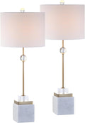 JONATHAN Y 30' White Marble and Brass Gold LED Table Lamp Set of 2, Modern Glam Crystal Pedestal Lamps for Living Room Bedroom, White Linen Shade, LED Bulbs Included JYL5008A-SET2