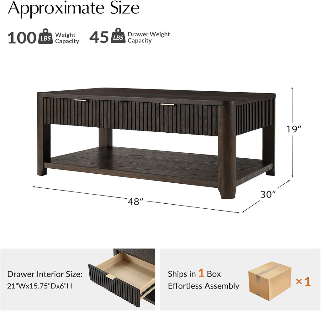 HULALA HOME Modern Fluted Coffee Table with Storage, Wood Oak Veneer Coffee Table with Wide Tabletop, 2 Drawers and Lower Shelf for Living Room, Easy Assembly, Black