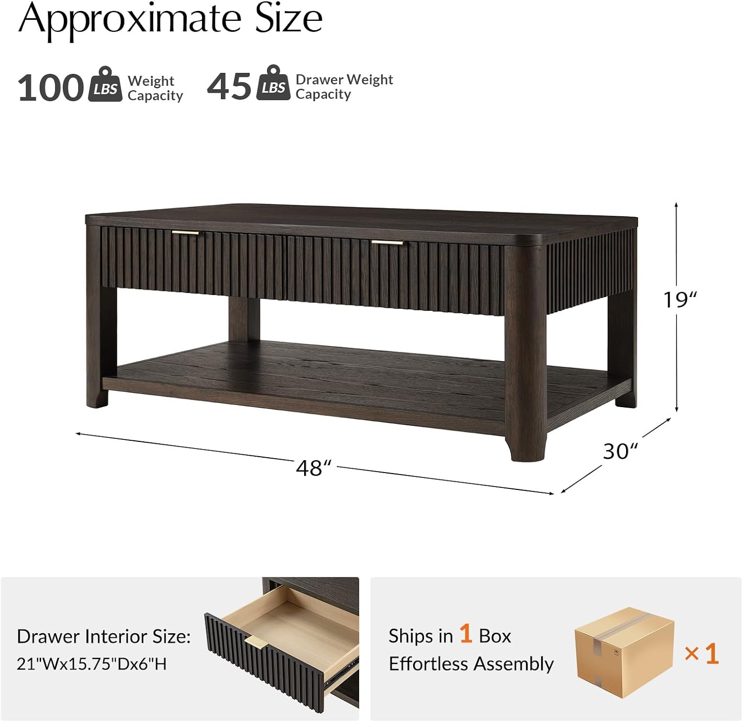 HULALA HOME Modern Fluted Coffee Table with Storage, Wood Oak Veneer Coffee Table with Wide Tabletop, 2 Drawers and Lower Shelf for Living Room, Easy Assembly, Black