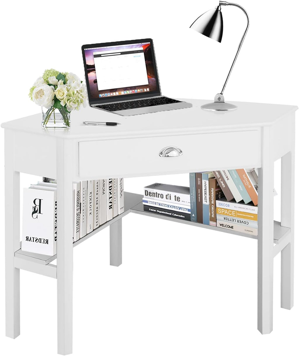Corner Computer Desk, Space-Saving Table With Drawer & Shelves, Home Office 90 Triangle Workstation, Modern Makeup Vanity, Small Desk for Small Spaces (White)