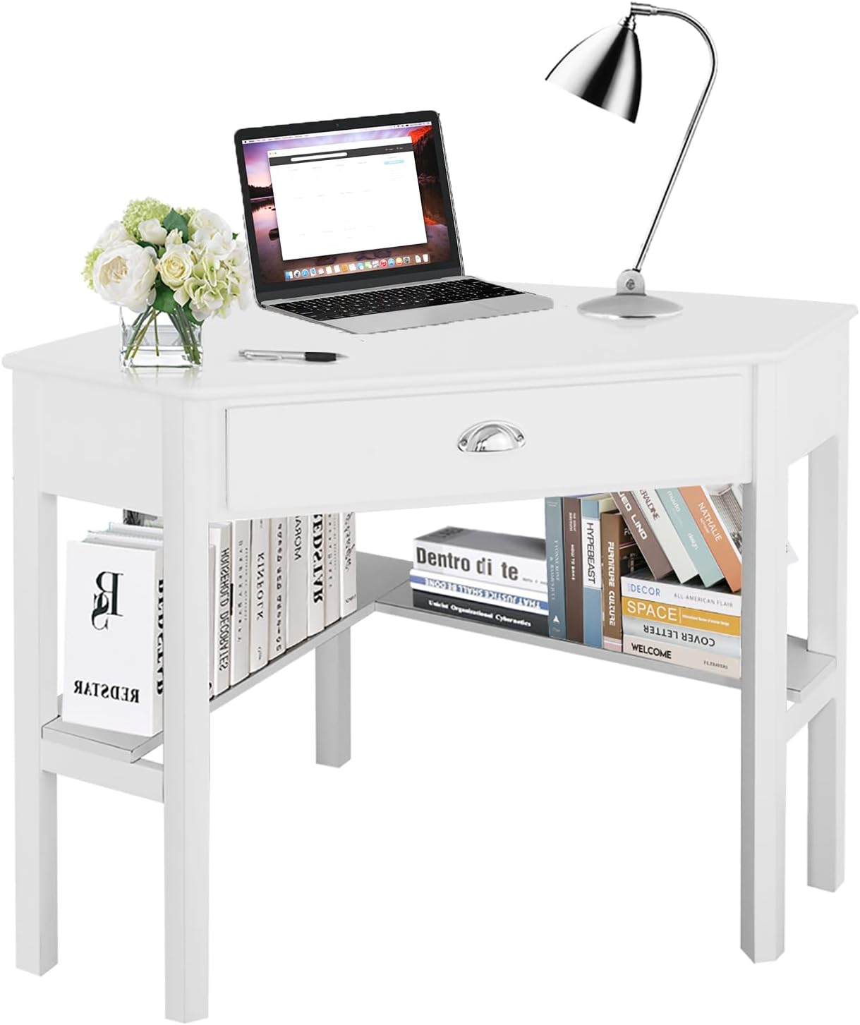 Corner Computer Desk, Space-Saving Table With Drawer & Shelves, Home Office 90 Triangle Workstation, Modern Makeup Vanity, Small Desk for Small Spaces (White)