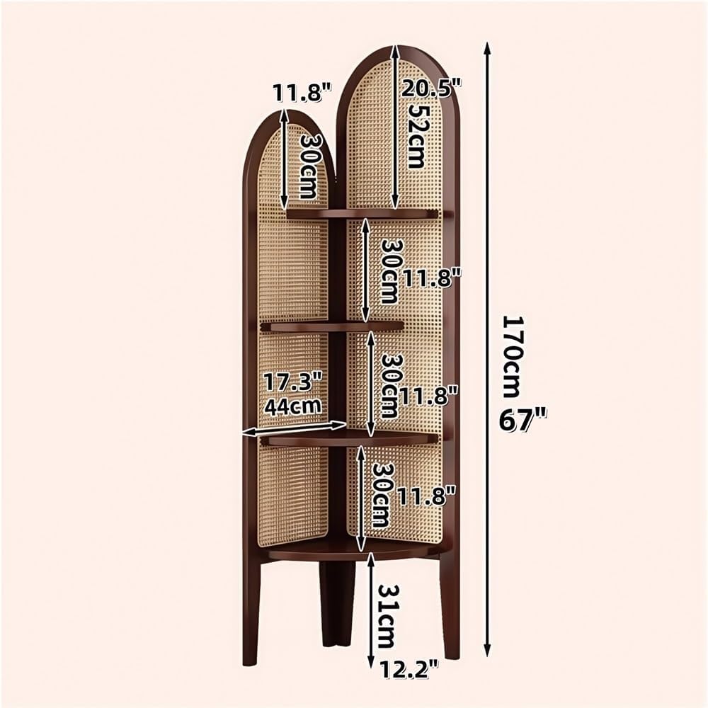 4 Tier Corner Shelf, Rattan Display Shelves with Solid Wood Frame, Bookshelf Stand for Living Room, Bedroom, or Office(Natural)