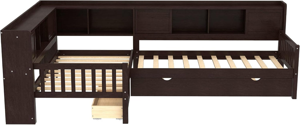 SOFTSEA Twin Size L-Shaped Platform Bed with Trundle & Drawer, Solid Wood Corner Daybed Frame with Bookcase Headboard for 3 Kids Teens, No Spring Box Needed, Espresso
