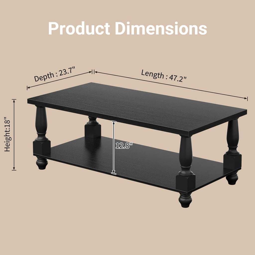 Homieasy Farmhouse Coffee Table with Storage, 47' Rectangular Living Room Center Table with Solid Wood Legs and Thickened Top, 2-Tier Wood Coffee Table with Turned Legs, Easy Assembly, Black