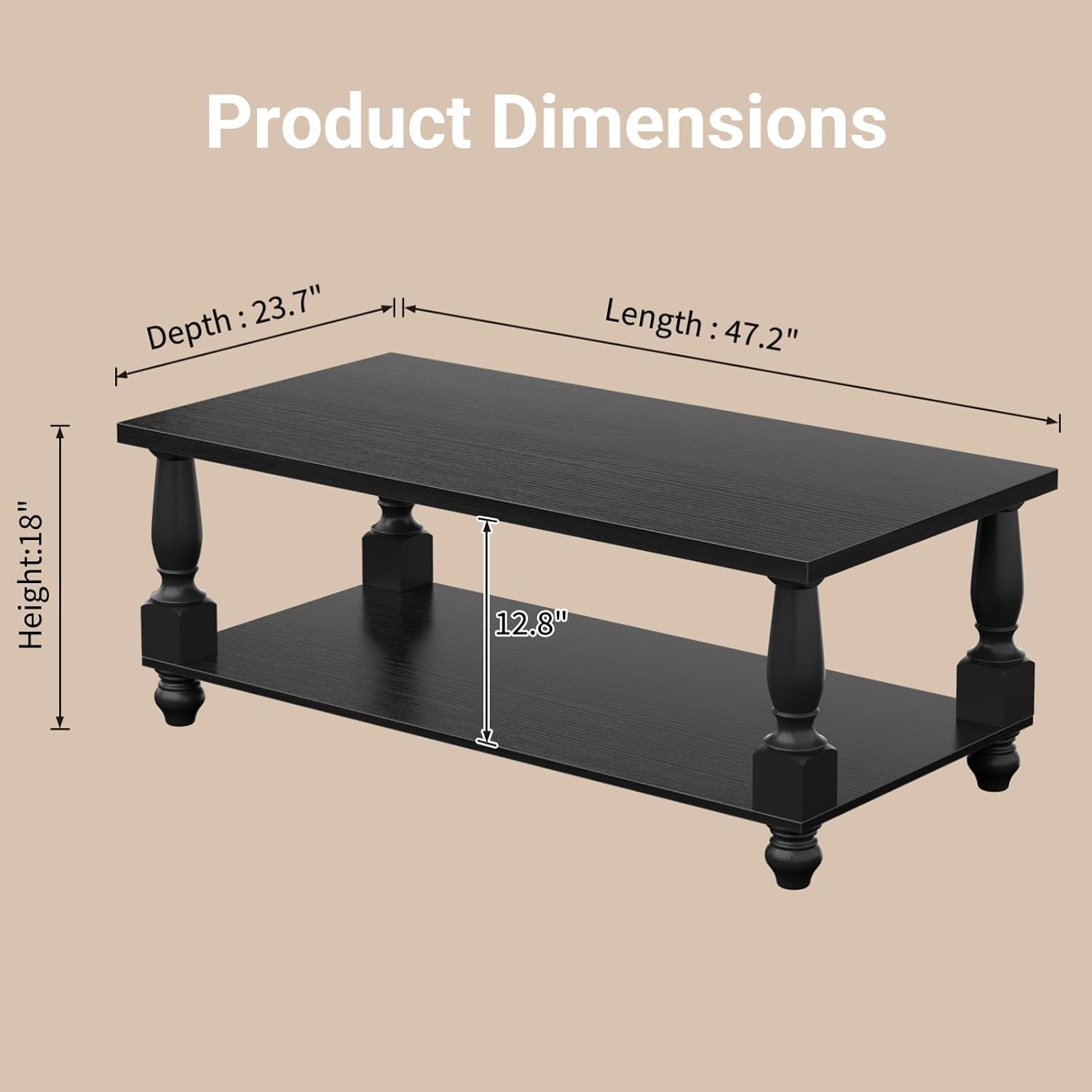 Homieasy Farmhouse Coffee Table with Storage, 47' Rectangular Living Room Center Table with Solid Wood Legs and Thickened Top, 2-Tier Wood Coffee Table with Turned Legs, Easy Assembly, Black
