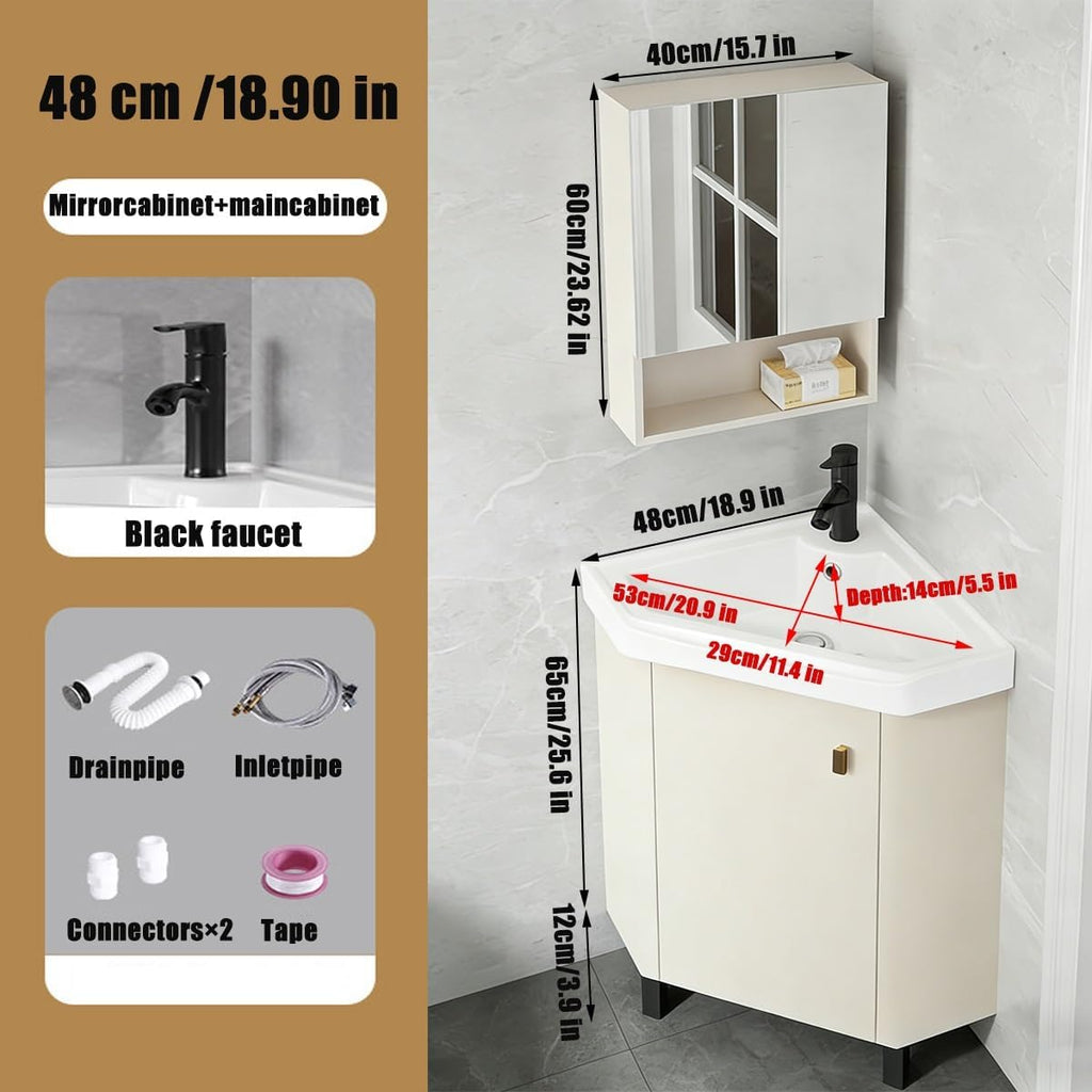 Corner Bathroom Vanity Sink for Small Space, Freestanding Compact Space Bathroom Storage Cabinet,Space-Saving, with White Ceramic Sink & Adjustable Shelf(48x48cm(18.9x18.9 in))
