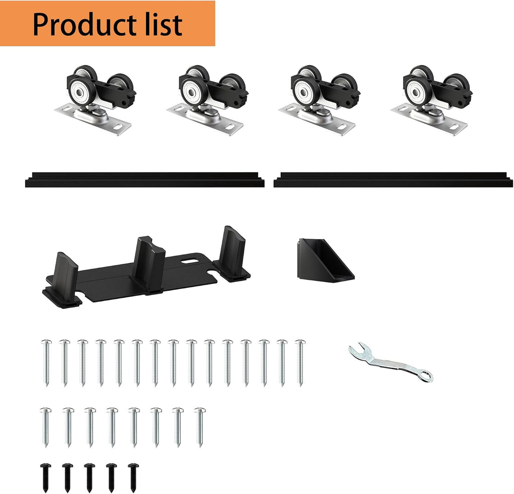 Heavy Duty Bypass Sliding Closet Door Track Hardware 72', 6 FT Aluminium Pocket Door Track Rail Set, Smoothly and Quietly, for 2 Door System,Black