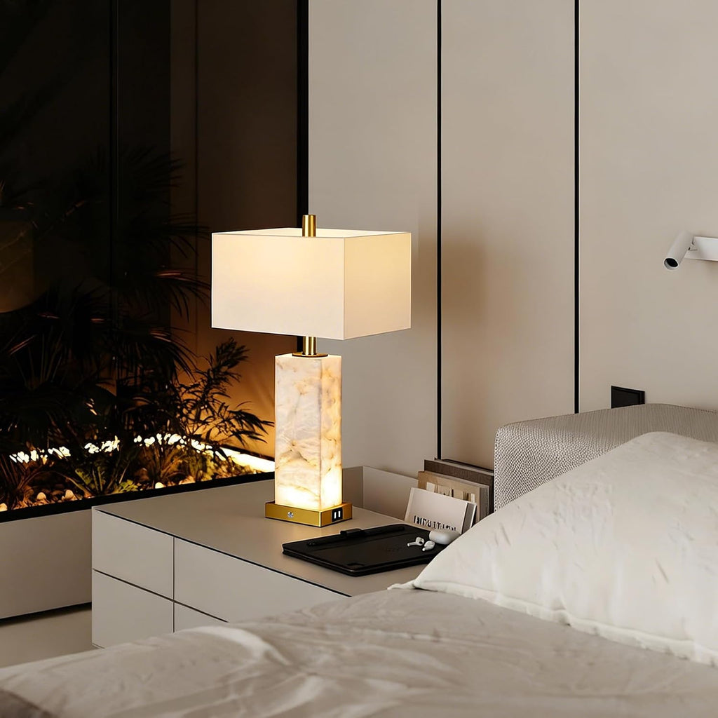 25.6' Alabaster Lamp, Marble Lamp Nightstand Lamps Set of 2, Modern Table Lamp with USB Ports, 3-Color Temperatures Bedside Lamps with Nightlight, Table Lamps for Living Room Bedroom, Bulbs Included