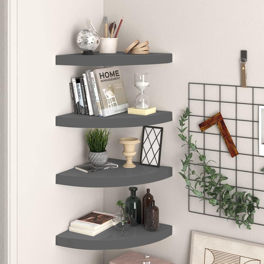 Corner Shelf Set, Shelves Storage Room Organization, Living, Floating Wall Mounted Books, High Gloss Grey, Book, Bedroom Decor, Modern -