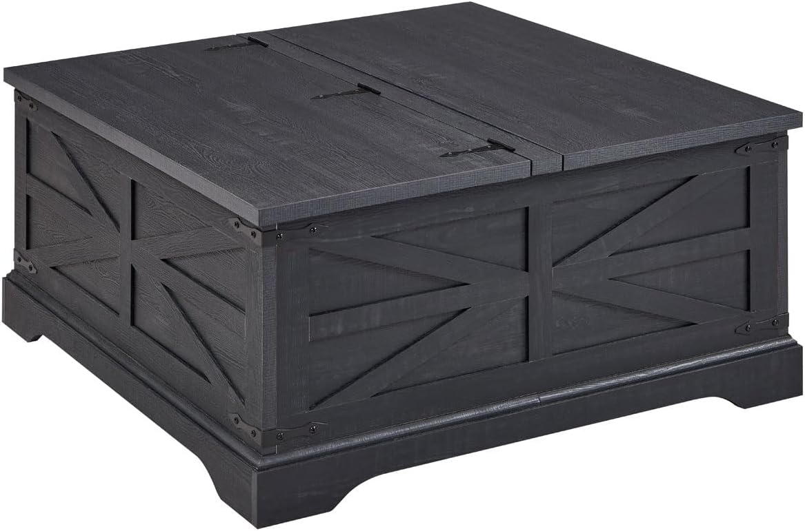 JXQTLINGMU 36' Lift Top Coffee Table with Storage, Farmhouse Square Center Table with Large Hidden Compartment, Wood Lift Tabletop Dining Table for Home Living Room, Black