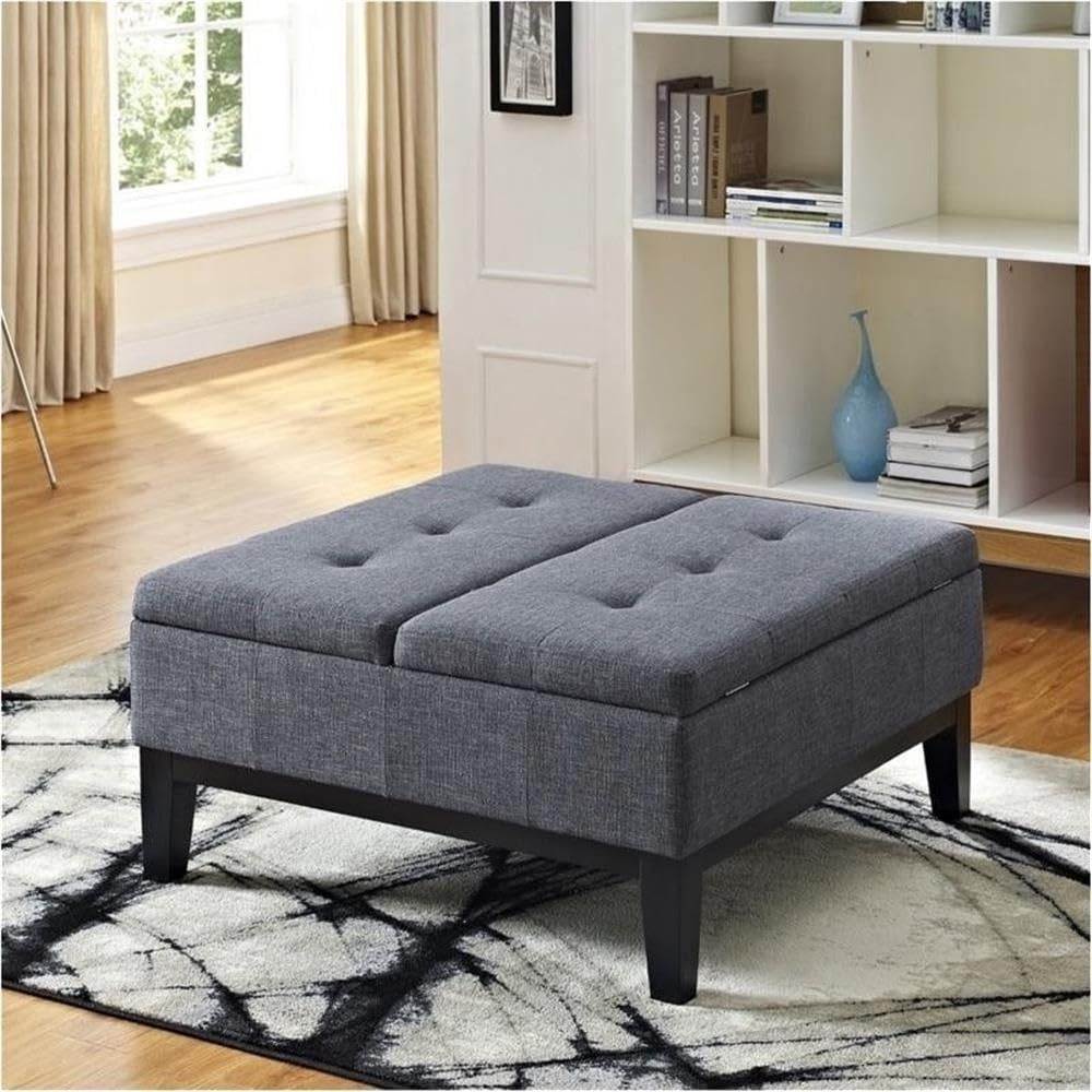 Pemberly Row Contemporary Storage Ottoman with Lift Top, Square Coffee Table for Living Room with Large Storage Space, Dark Gray Button Tufted Upholstered Footrest with Wood Legs
