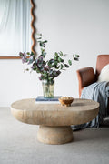 WILLIAMSPACE 36' Oval Coffee Table, Modern Faux Stone Circle Center Table Accent Travertine Tea Table for Living Room, Magnesium Oxide, Cream