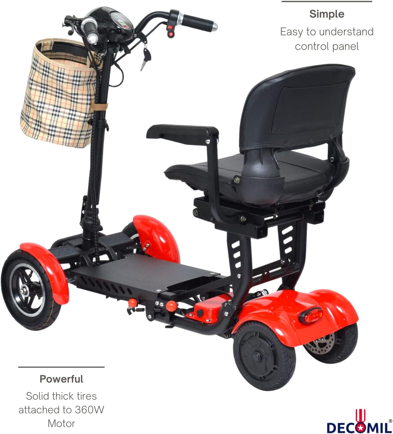 DECOMIL - Mobility Scooter, Portable Electric Scooter | Medical Travel Scooter, 4 Wheels | Lightweight and Portable (7.5 aH Battery, Red)