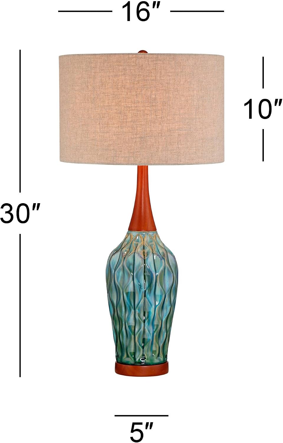360 Lighting Rocco Mid Century Modern Table Lamps 30' Tall Set of 2 Blue Teal Glaze Ceramic Cherry Wood Tan Fabric Drum Shade for Cottage Core Bedroom Living Room Bedside Nightstand House Home