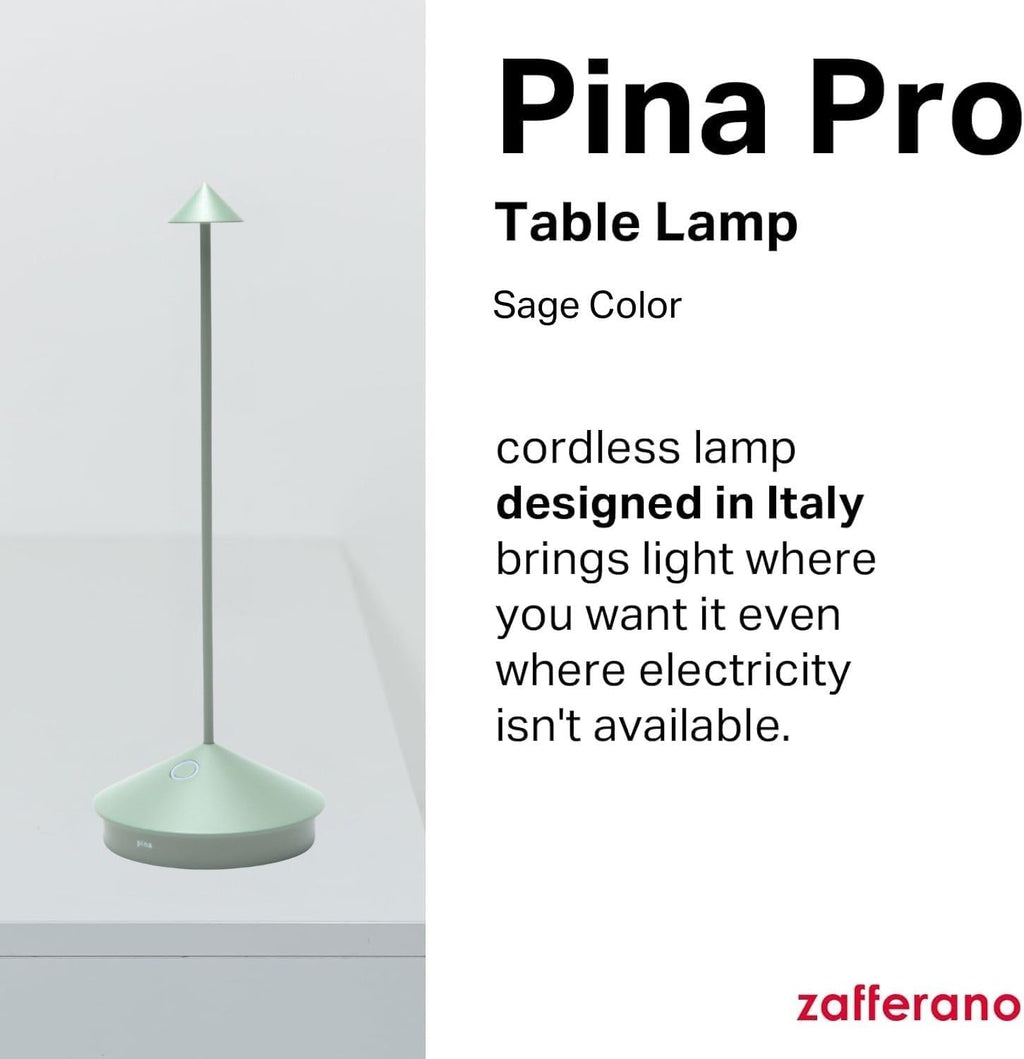 Zafferano, Pina Pro Lamp, Rechargeable Cordless Table Lamp with Touch Controls, Suitable for Indoor and Outdoor, Dimmer, 2200-3000 K, Height 11.4 Inches, Sage Color