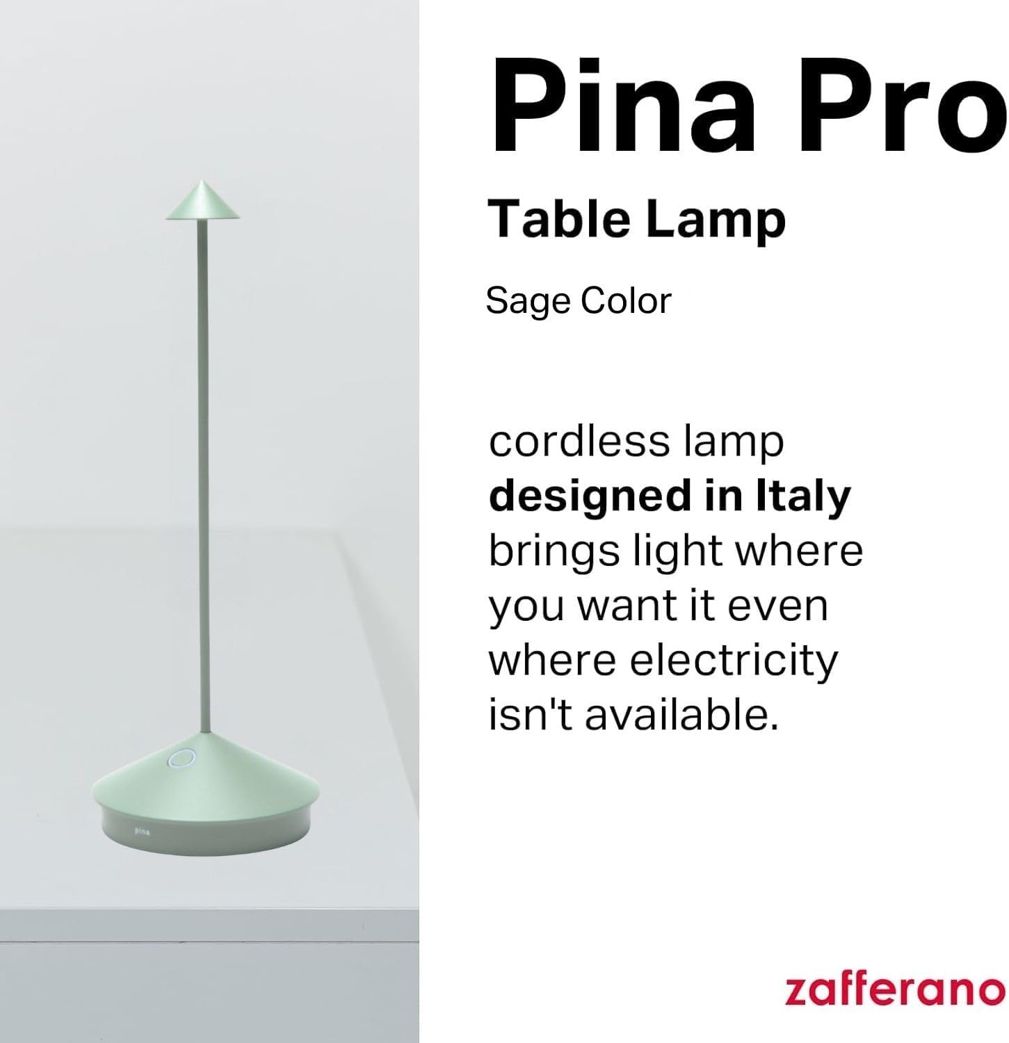 Zafferano, Pina Pro Lamp, Rechargeable Cordless Table Lamp with Touch Controls, Suitable for Indoor and Outdoor, Dimmer, 2200-3000 K, Height 11.4 Inches, Sage Color