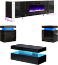 AMERLIFE 4-Piece Living Room Table Set, Includes 70 inch Fireplce TV Stand, 2-Tier Center Table with 2 End Side Tables, High Gloss Coffee Table Set, All Black