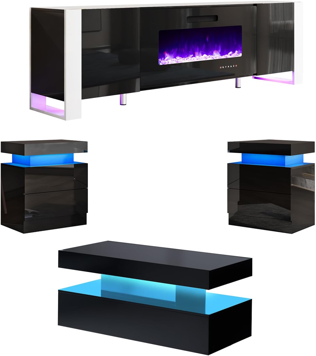 AMERLIFE 4-Piece Living Room Table Set, Includes 70 inch Fireplce TV Stand, 2-Tier Center Table with 2 End Side Tables, High Gloss Coffee Table Set, All Black