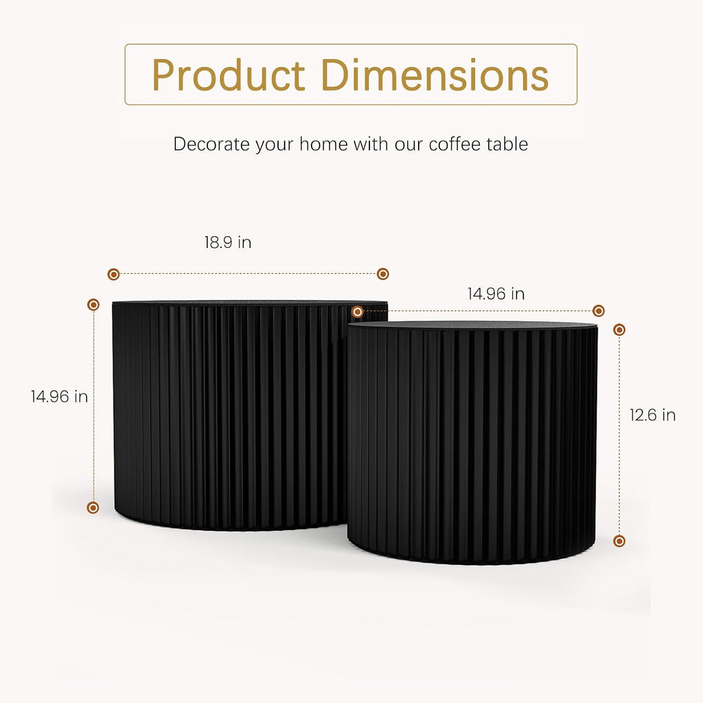 Round Coffee Table Set of 2 Modern Nesting Coffee Tables Wooden Drum Coffee Tables with Non-Slip Feet, Circle Nesting Tables End Table for Living Room Office, No Assembly (Black 18.9'+14.96')