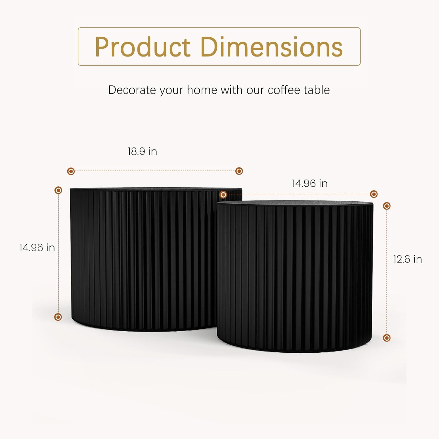 Round Coffee Table Set of 2 Modern Nesting Coffee Tables Wooden Drum Coffee Tables with Non-Slip Feet, Circle Nesting Tables End Table for Living Room Office, No Assembly (Black 18.9'+14.96')