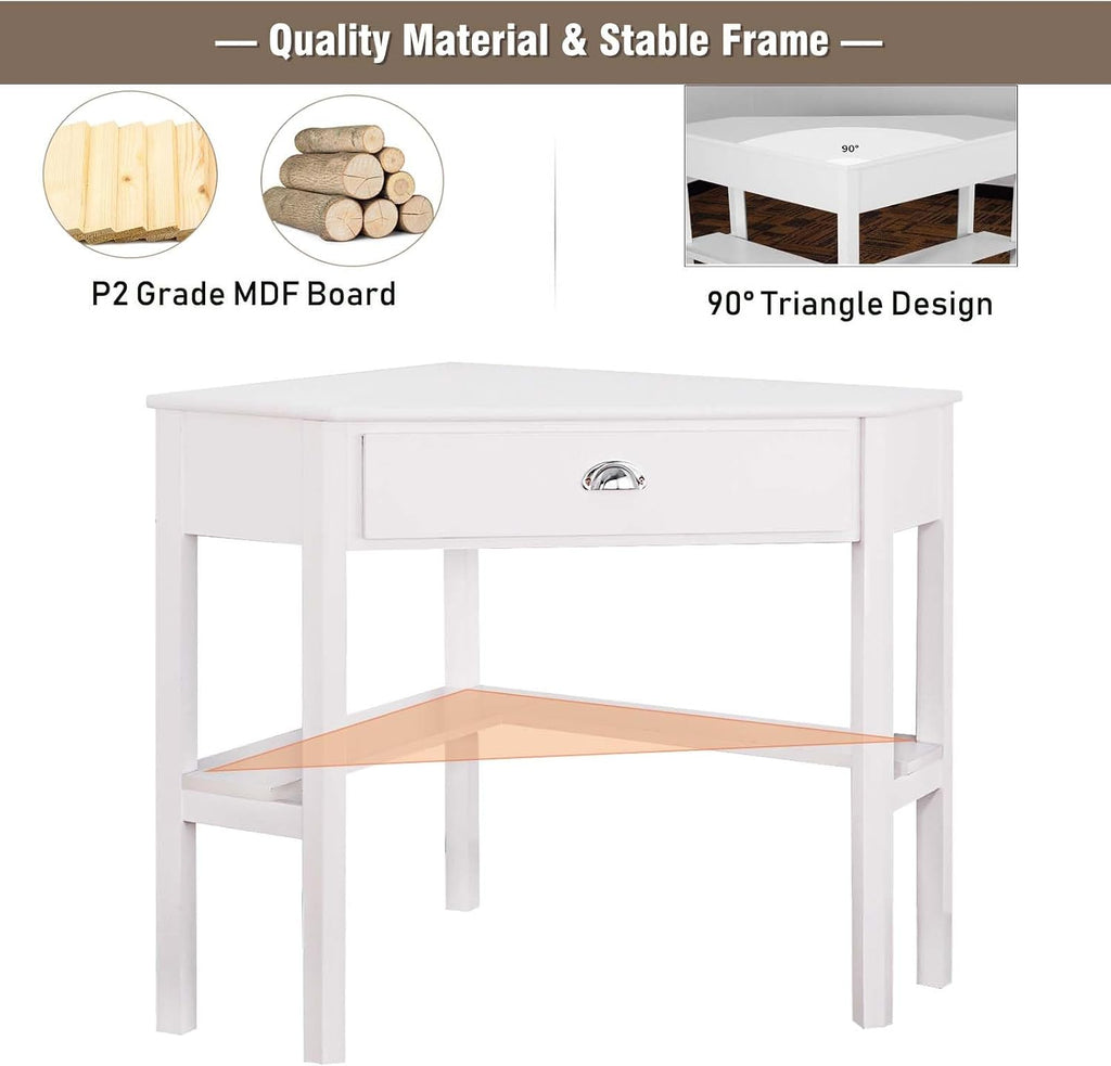 Corner Computer Desk, Space-Saving Table With Drawer & Shelves, Home Office 90 Triangle Workstation, Modern Makeup Vanity, Small Desk for Small Spaces (White)