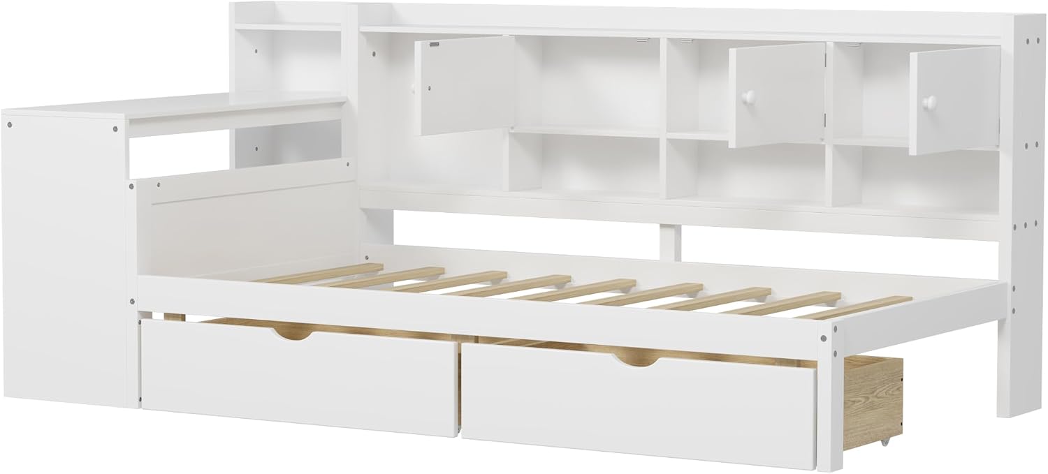 RuiSiSi Twin Size Daybed with Drawers and Shelves, Wood Corner Bed with Bookcase and Desk, L-Shape Daybed Frame with Desk for Kids Teens Adults, White