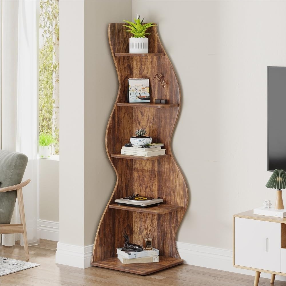 Vertical Bookshelf Tower, Narrow Corner Bookcase, Space-Saving Storage Shelf, Indoor Display Cabinet, Spine Bookshelf, Floor-Standing Corner Shelf for Bedroom(Brown)