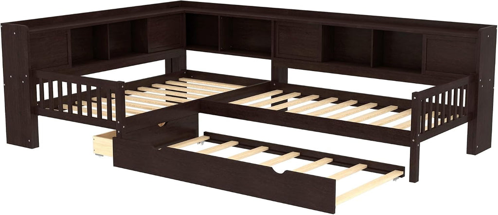 SOFTSEA Twin Size L-Shaped Platform Bed with Trundle & Drawer, Solid Wood Corner Daybed Frame with Bookcase Headboard for 3 Kids Teens, No Spring Box Needed, Espresso