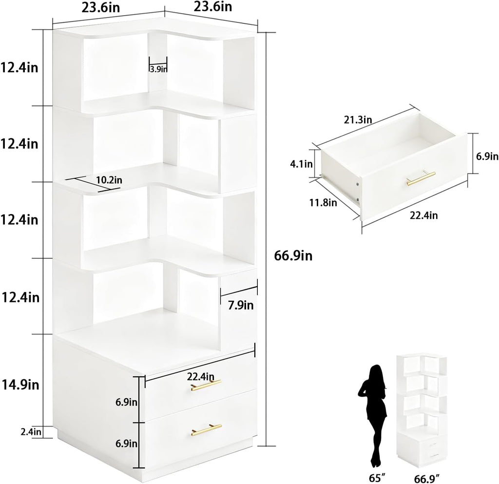 Corner Bookshelf with Drawers,66.9' L Shaped Tall Bookshelf and Bookcase,5 Tier Corner Bookcase with Storage Display Shelf Stand for Home Office, Study,Living Room, Bedroom (White-Corner Bookshelf)