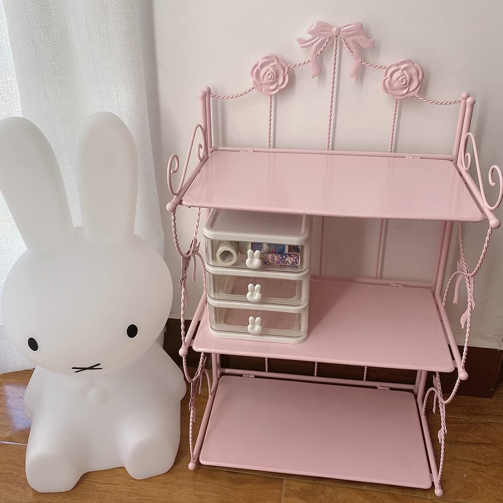 BOOMALTU Cute 3-Tier Folding Metal Shelving Bathroom Shelf,Pink Bookshelf with Bow and Flowers Decor for Storage and Display in Living Room, Bathroom, Office, Kitchen