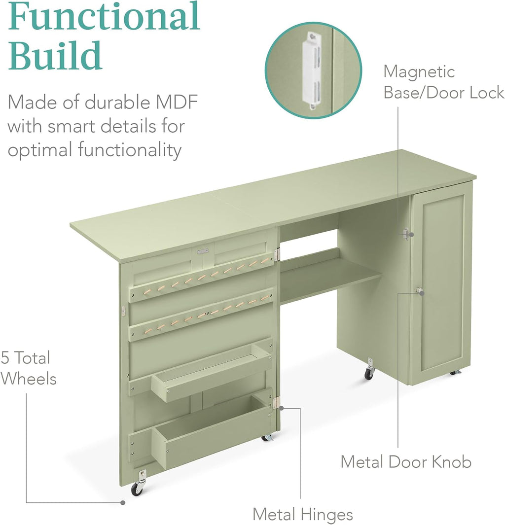 Best Choice Products Large Folding Sewing Table, Multipurpose Portable Craft Station & Side Desk w/Compact Design, Caster Wheels, Storage Shelves, 2 Storage Trays, Magnetic Doors - Light Green