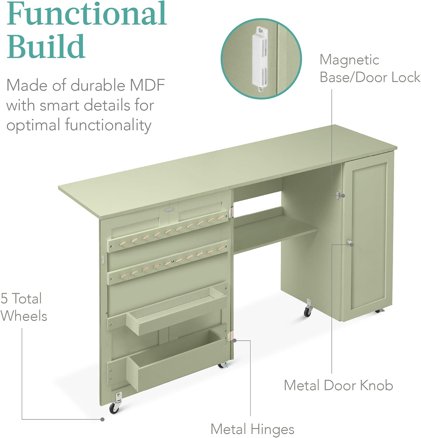 Best Choice Products Large Folding Sewing Table, Multipurpose Portable Craft Station & Side Desk w/Compact Design, Caster Wheels, Storage Shelves, 2 Storage Trays, Magnetic Doors - Light Green