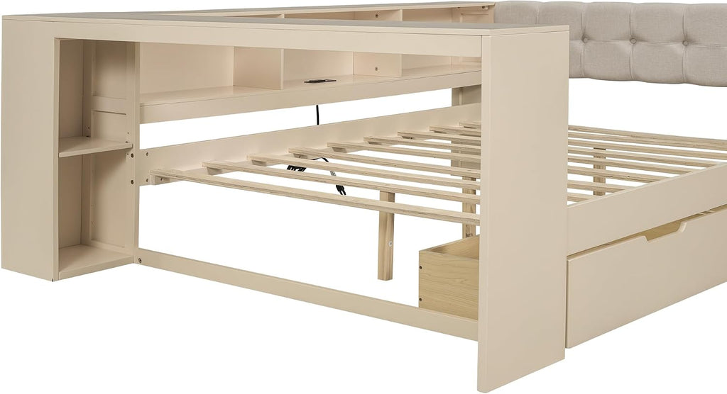 Bellemave Full Size Corner Bed Frame with Storage Drawers and Desk,Captain Daybed with L-Shaped Bookcase,Corner Bed Frame Full Size with Charging Station for Kids,Teens,Guests,Cream