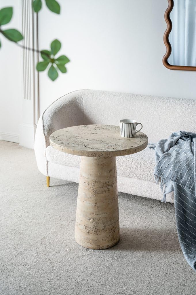 WILLIAMSPACE 22' Cream Round End Table Side Table for Living Room, Modern Magnesium Oxide Stone Small Coffee Table with Pedestal Base, 22'x22'x25.5'H (Cream)