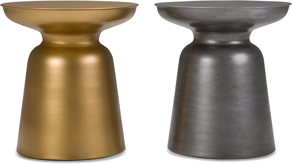 SIMPLIHOME Toby Metal Table - 17' Wide x 18' High Solid Iron Drum Accent Table in Gold, Industrial Side or End Table for Living Room, Bedroom or Entryway with Sculptural Design, Assembled