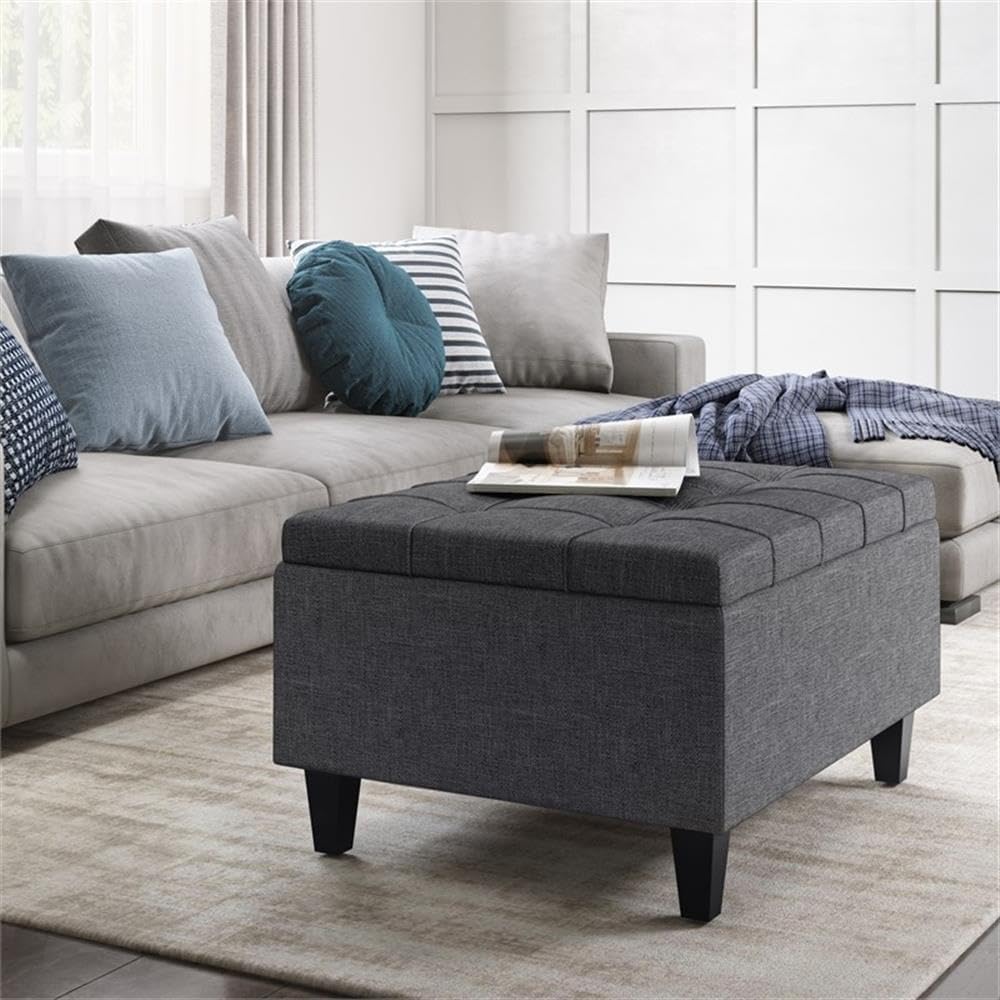 SIMPLIHOME Harrison Small Coffee Table Storage Ottoman - 34 inch Wide Upholstered Linen Look Fabric Rectangular Lift-Top Ottoman in Slate Grey, Transitional Ottoman for Living Room with Hidden Storage