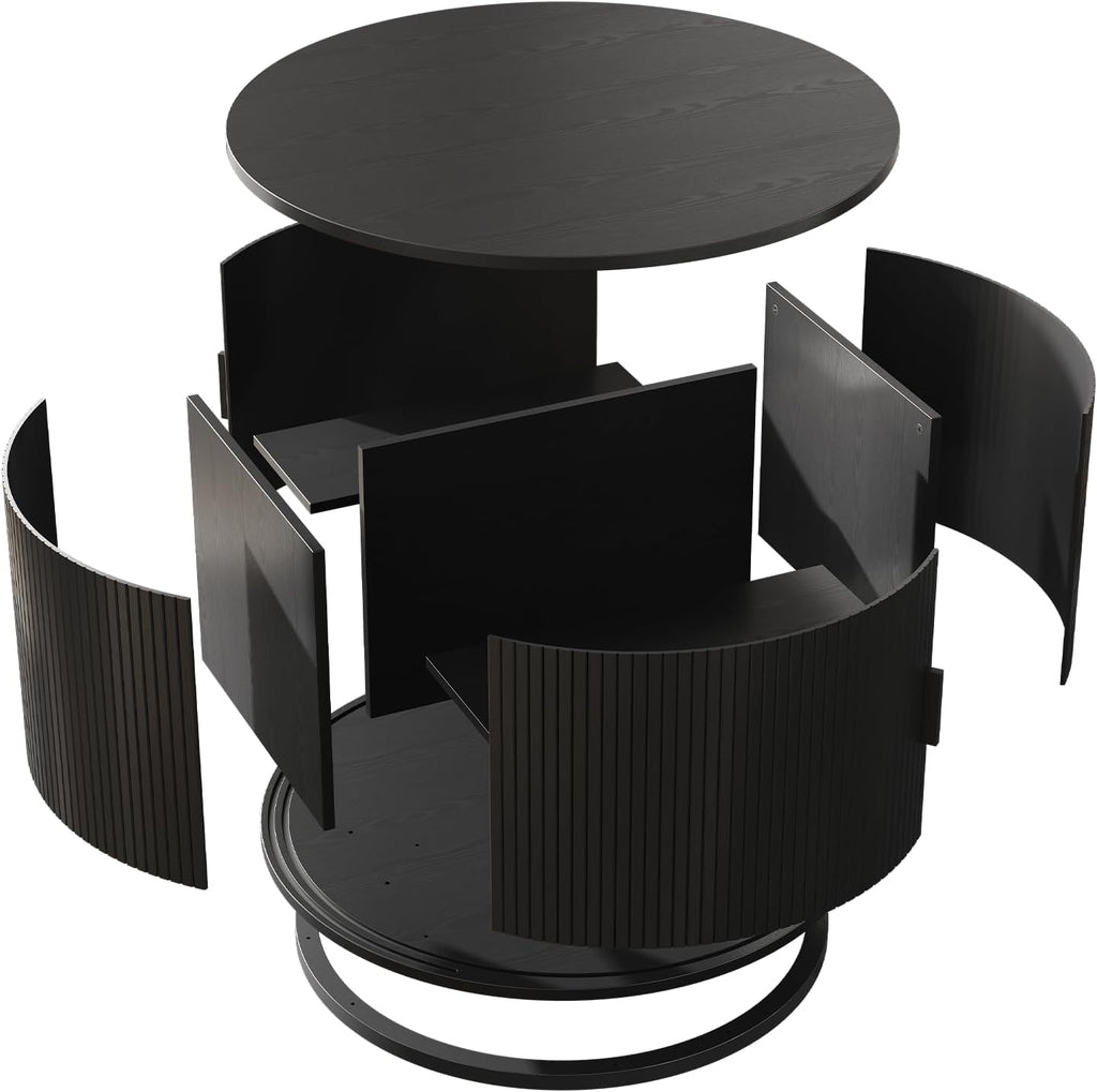 ONBRILL Round Coffee Table with Storage, 31.5' Mid Century Modern Center Table with Sliding Door & Dual Hidden Storage, Fluted Accent Coffee Table for Living Room, Small Space, Black