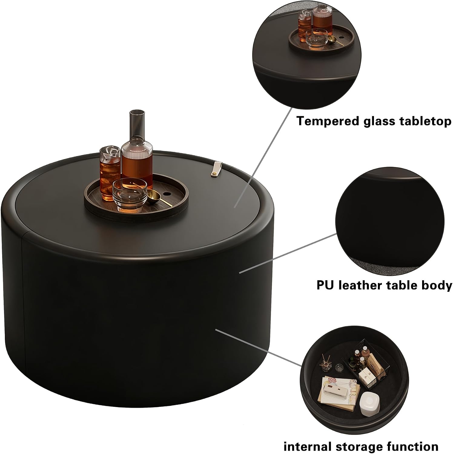 Round Coffee Table Set with Hidden Storage, 27.56' Black Drum Center Table and 19.69' White Coffee Table Set, 2 Pieces Living Room Table Set with Tempered Glass Top and PU Leather Body