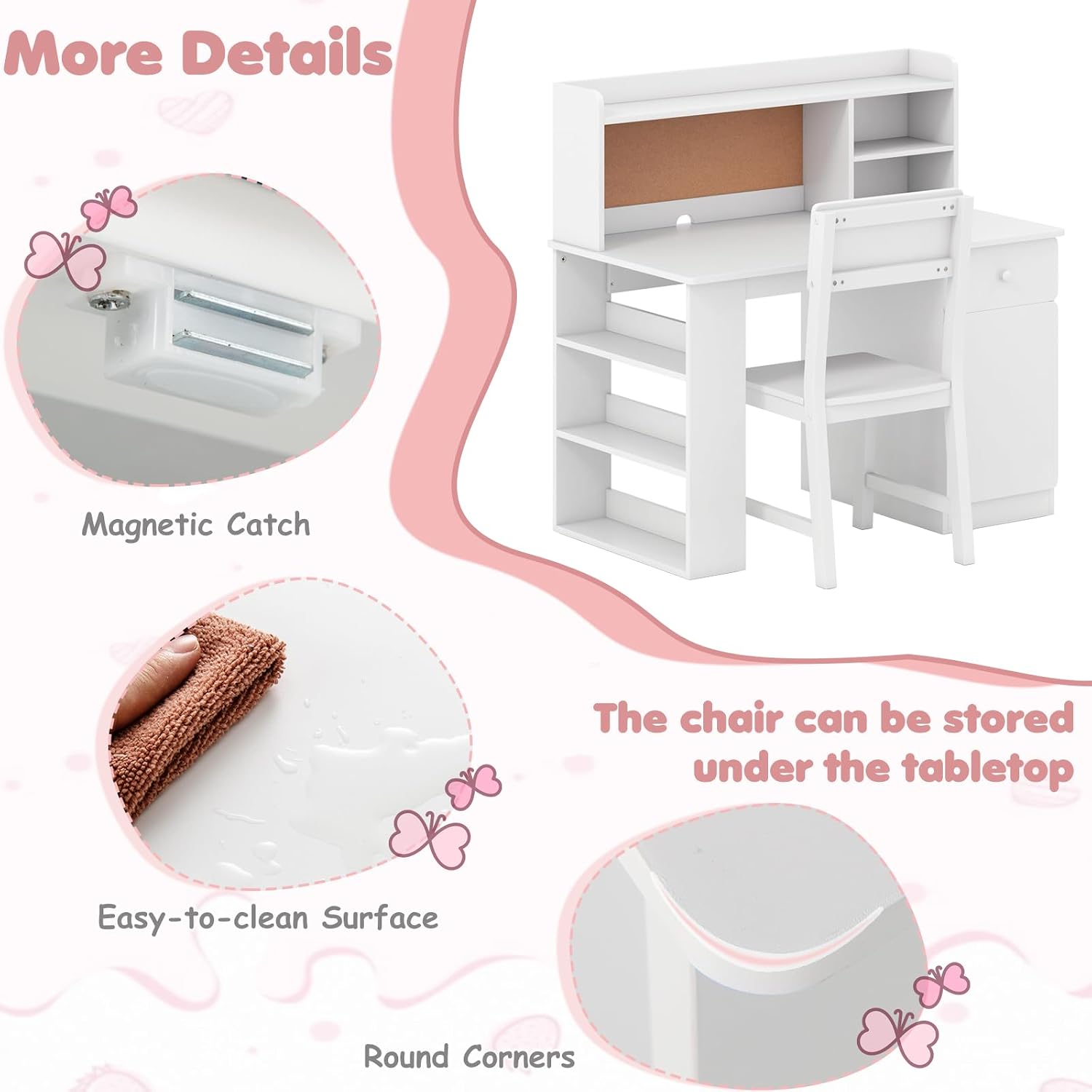 HONEY JOY Kids Desk and Chair Set, Large Wooden Children School Study Table and Chair w/Drawer, Hutch, Storage Shelves, Student Writing Desk Computer Workstation for Bedroom, 7+ Years Old (White)
