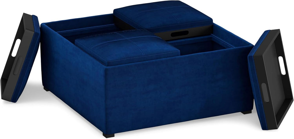 SIMPLIHOME Avalon Wide Contemporary Square Coffee Table Storage Ottoman, Blue, Table Ottoman
