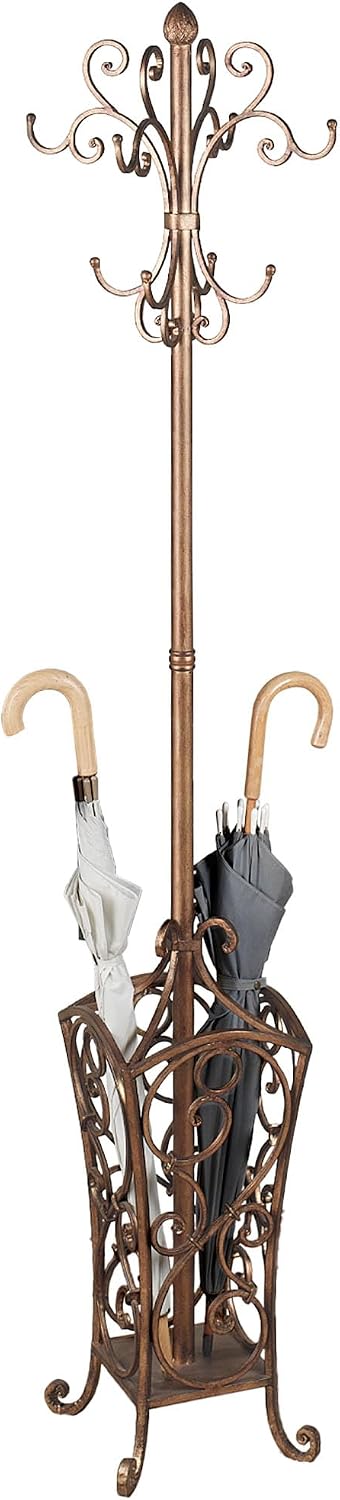 Touch of Class Kensington Coat and Hat Rack Stand, Antique Gold Finish | Metal Rack, Scrollwork Design, Eight Hanging Hooks, Bottom Umbrella Basket, Entryway Organization Solution