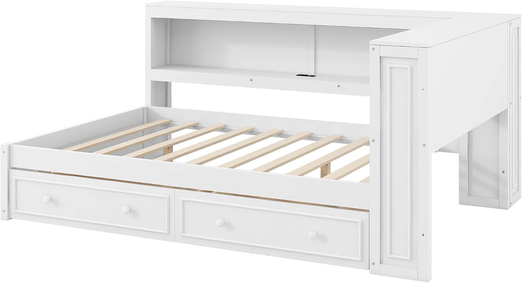 LUMISOL Full Size Corner Bed with Storage Drawers & Shelves, Wooden L-Shaped Day Bed Frame with Charging Station & LED Lighting for Living Room or Guestroom, White