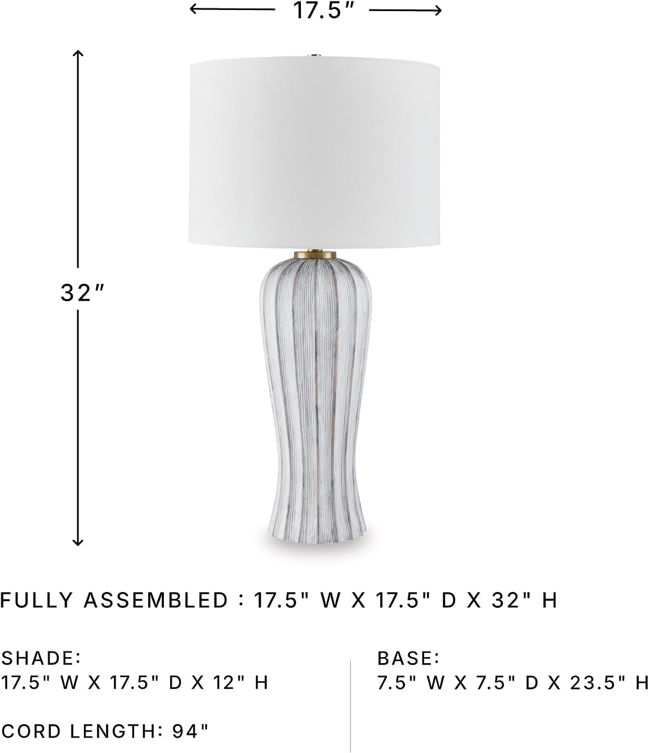 Signature Design by Ashley Lanwell Modern Table Lamp with 3-Way Switch, Polyresin and Drum Hardback Fabric Shade, 17.5' W x 17.5' D x 32' H, Light Gray