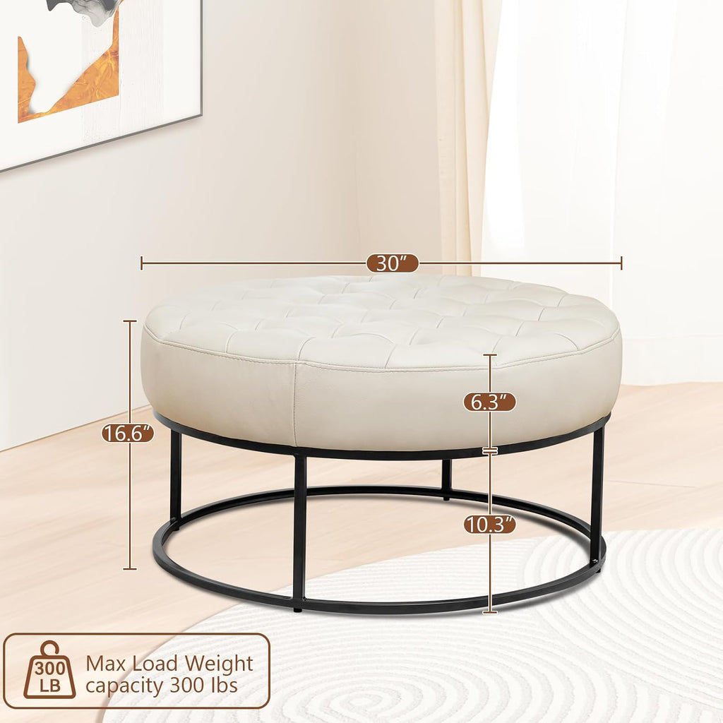 Modern Genuine Leather Round Coffee Table, 30'' Farmhouse Ottoman for Living Room, Large Vintage Genuine Leather Coffee Tables with Upholstered Padded Seat Beige