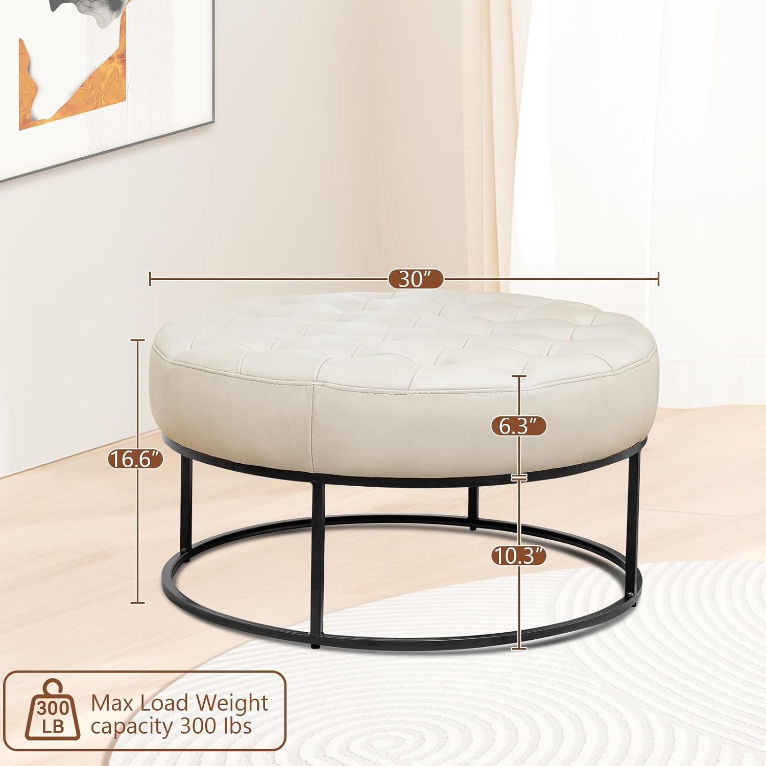 Modern Genuine Leather Round Coffee Table, 30'' Farmhouse Ottoman for Living Room, Large Vintage Genuine Leather Coffee Tables with Upholstered Padded Seat Beige