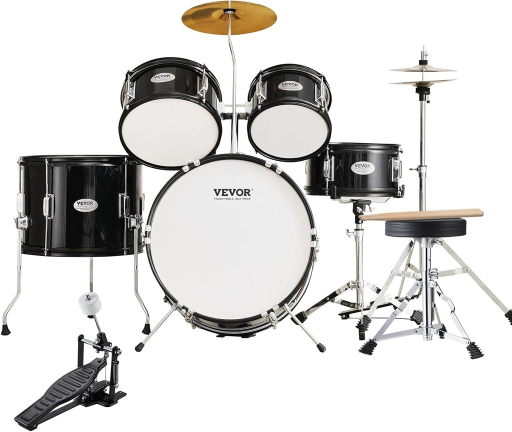 VEVOR Kids Drum Set, 5 Piece 16in Beginner Youth Full Drum Set with Bass Toms Snare Floor Drum Adjustable Throne Cymbal Hi-Hat Pedal and Two Pairs of Drumsticks, Starter Drum Kit for Child Kids, Black