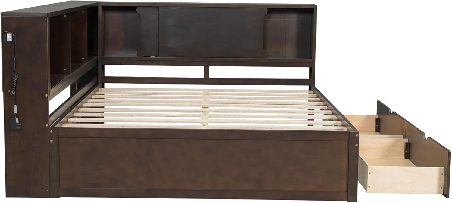 MERITLINE Queen Size Corner Bed with 2 Storage Drawers and Shelves, Wooden Daybed Frame with LED Lights and USB Ports, Modern Teenagers Bedframe, Brown