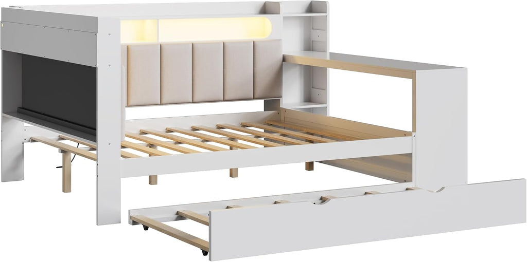 SOFTSEA Full Size Corner Bed with Desk and Trundle, Wood L-Shaped Day Bed with LED Lights, USB Ports & Upholstered Headboard, Full Corner Daybed for Kids Teens Adults, White