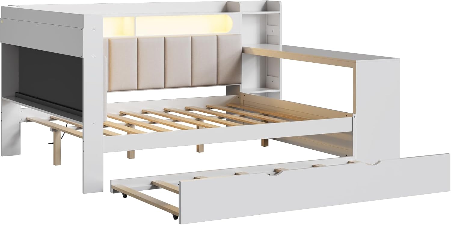 SOFTSEA Full Size Corner Bed with Desk and Trundle, Wood L-Shaped Day Bed with LED Lights, USB Ports & Upholstered Headboard, Full Corner Daybed for Kids Teens Adults, White